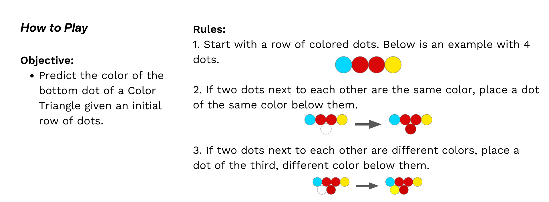 Objective: Predict the color of the bottom dot of a Color Triangle given an initial row of dots.