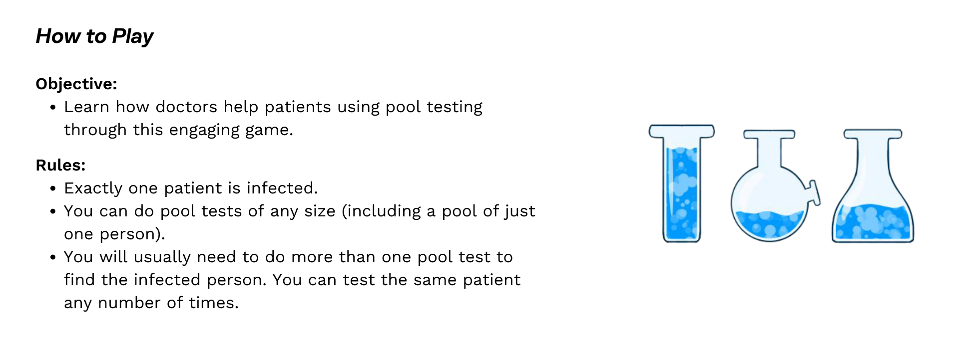 Objective: Learn how doctors help patients using pool testing through this engaging game.