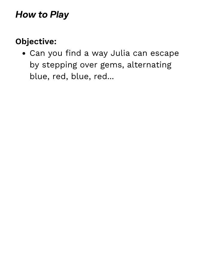 Can you find a way Julia can escape by stepping over gems, alternating blue, red, blue, red...