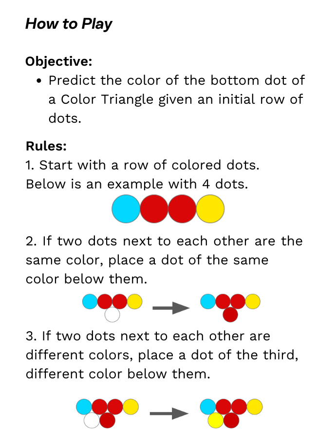 Objective: Predict the color of the bottom dot of a Color Triangle given an initial row of dots.