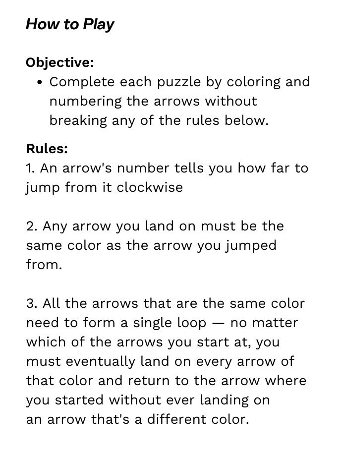Complete each puzzle by coloring and numbering the arrows without breaking any of the rules below.