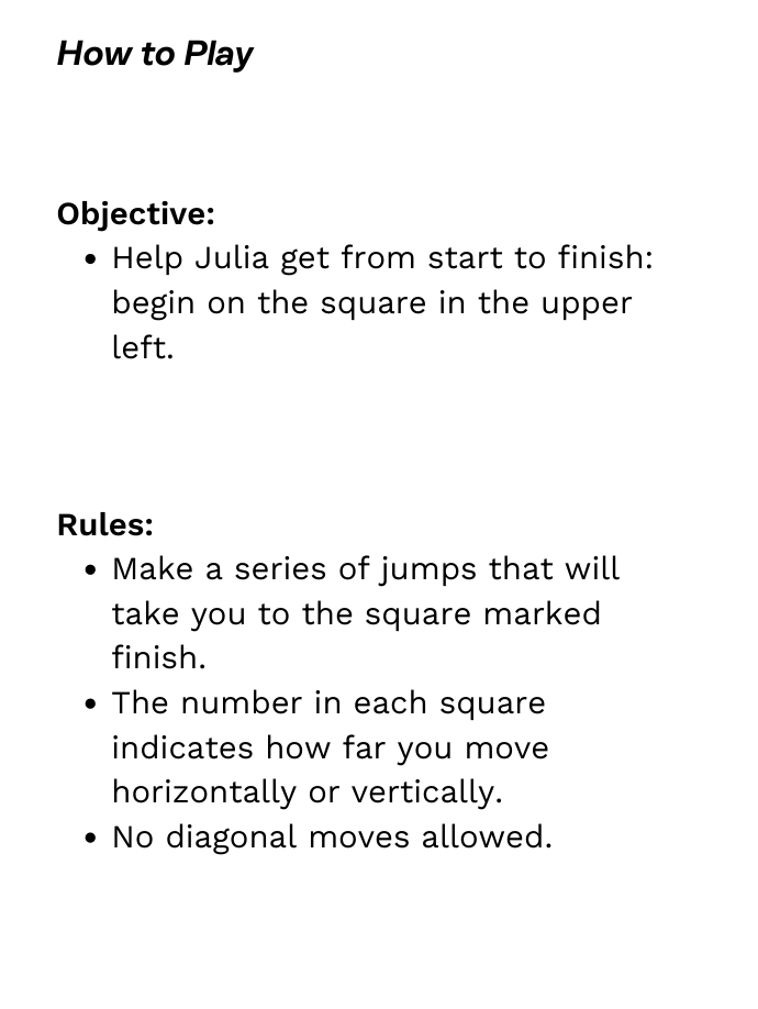 Rules: Make a series of jumps that will take you to the square marked finish. The number in each square indicates how far you move horizontally or vertically. No diagonal moves allowed.