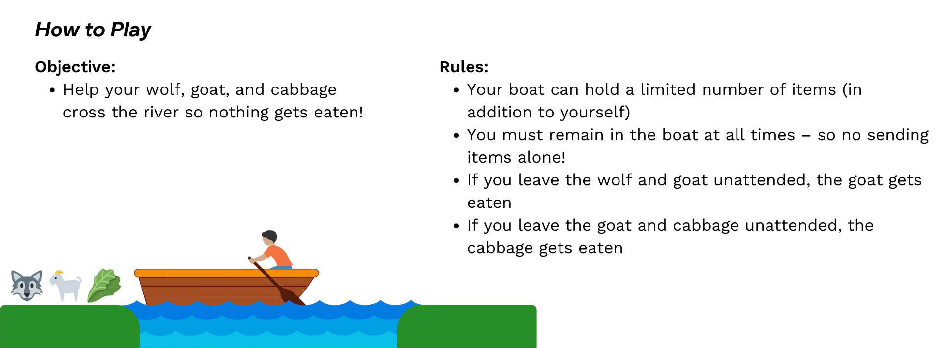 Objective: Help your wolf, goat, and cabbage cross the river so nothing gets eaten!